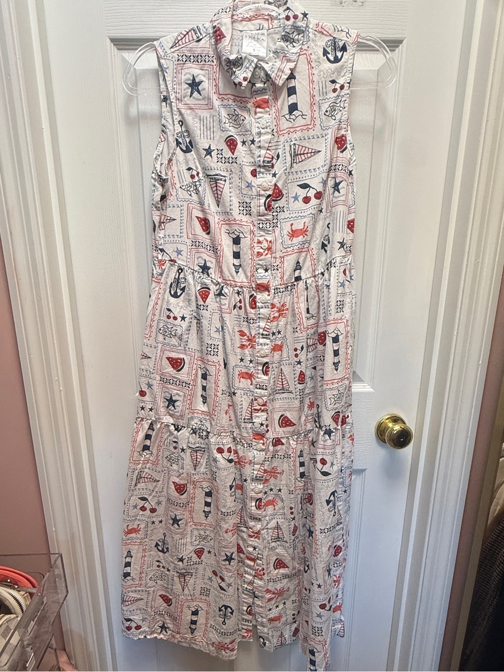 Serra Nautical Print Button- Dress - White with Red & Navy
